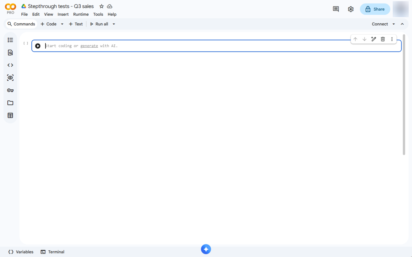 The notebook renamed Stepthrough tests - Q3 sales with an empty code cell