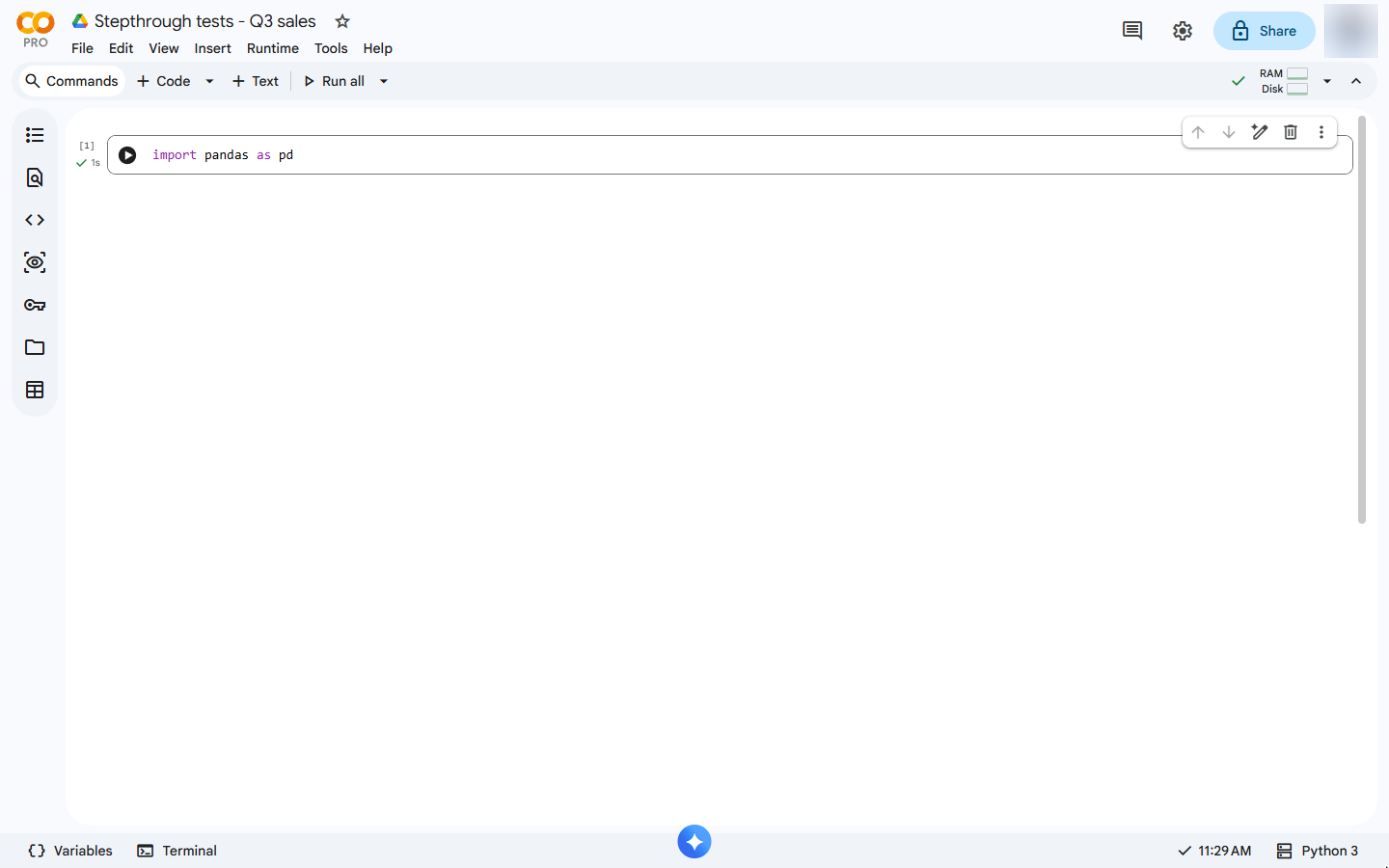 The first cell ran (a green tick and [1]); Colab is connected