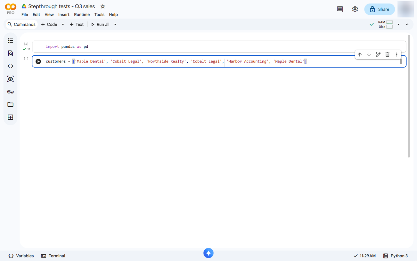 A customers list with six customer names typed