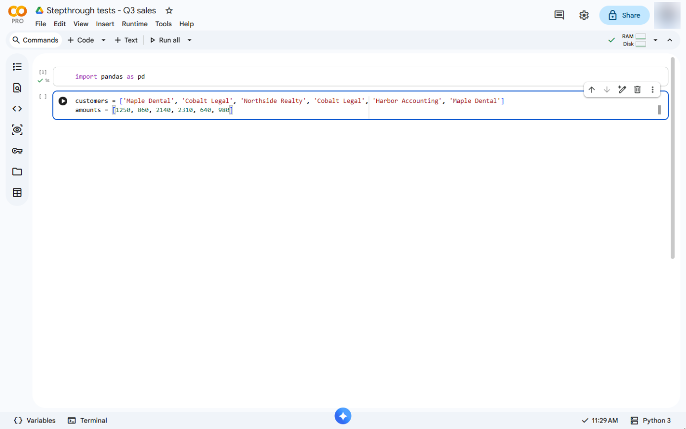 An amounts list with six amounts typed under the customers