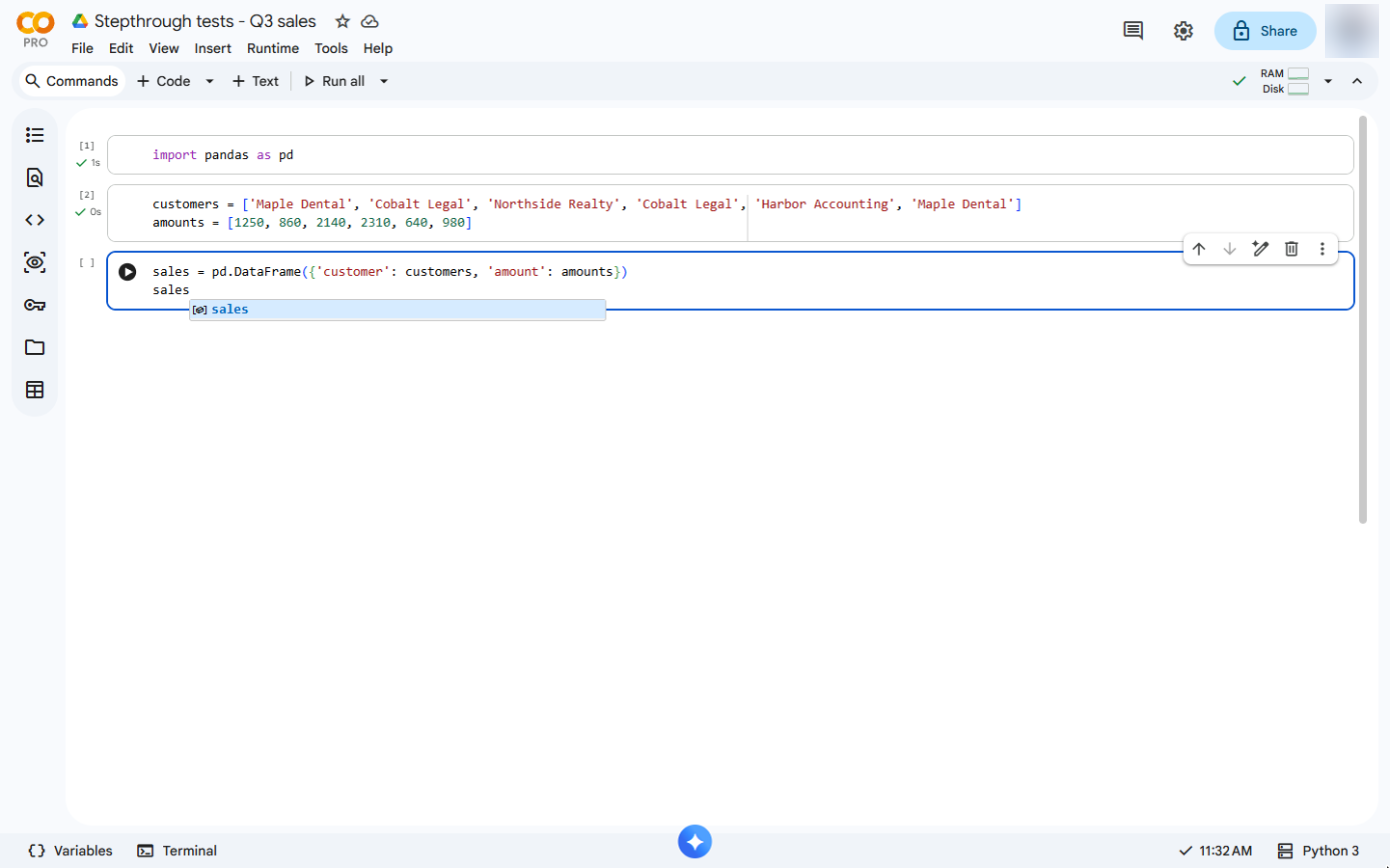 sales = pd.DataFrame({'customer': customers, 'amount': amounts}) and sales typed