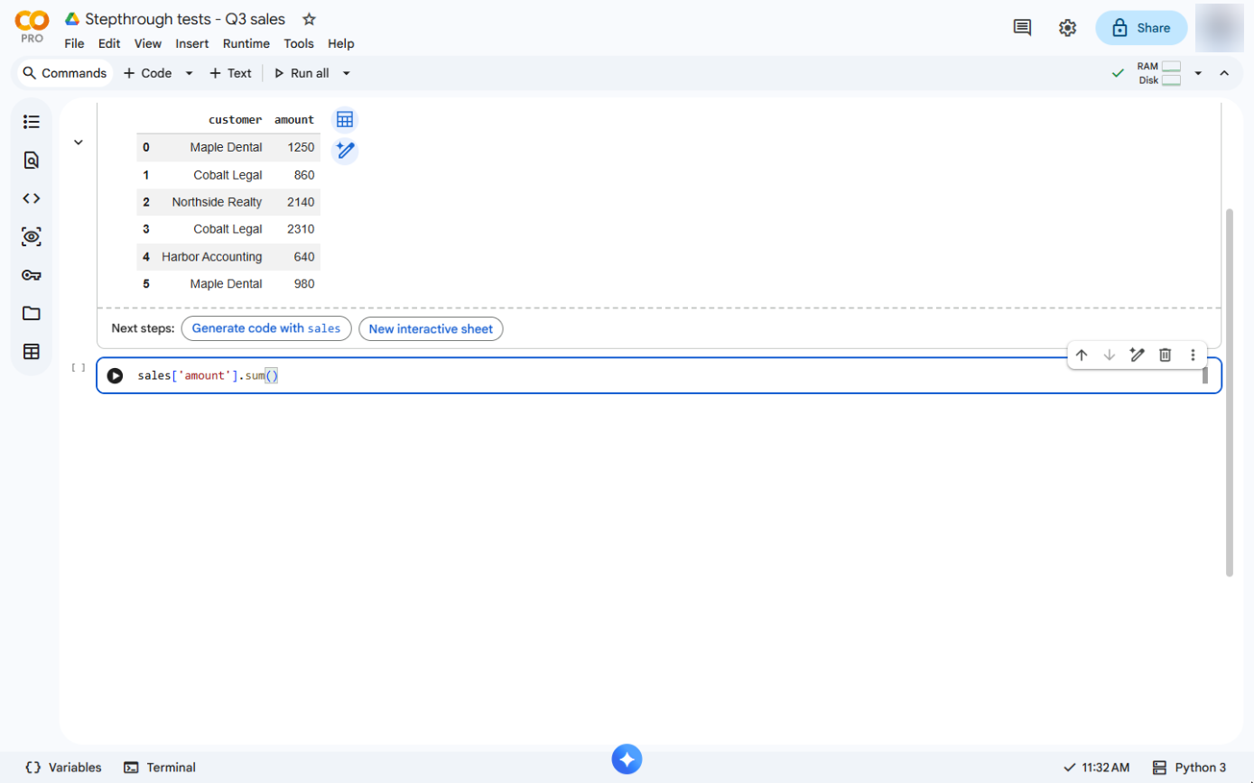 sales['amount'].sum() typed
