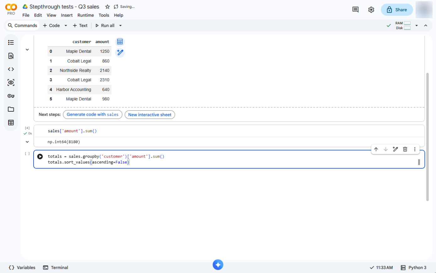 groupby('customer') and sort_values(ascending=False) typed