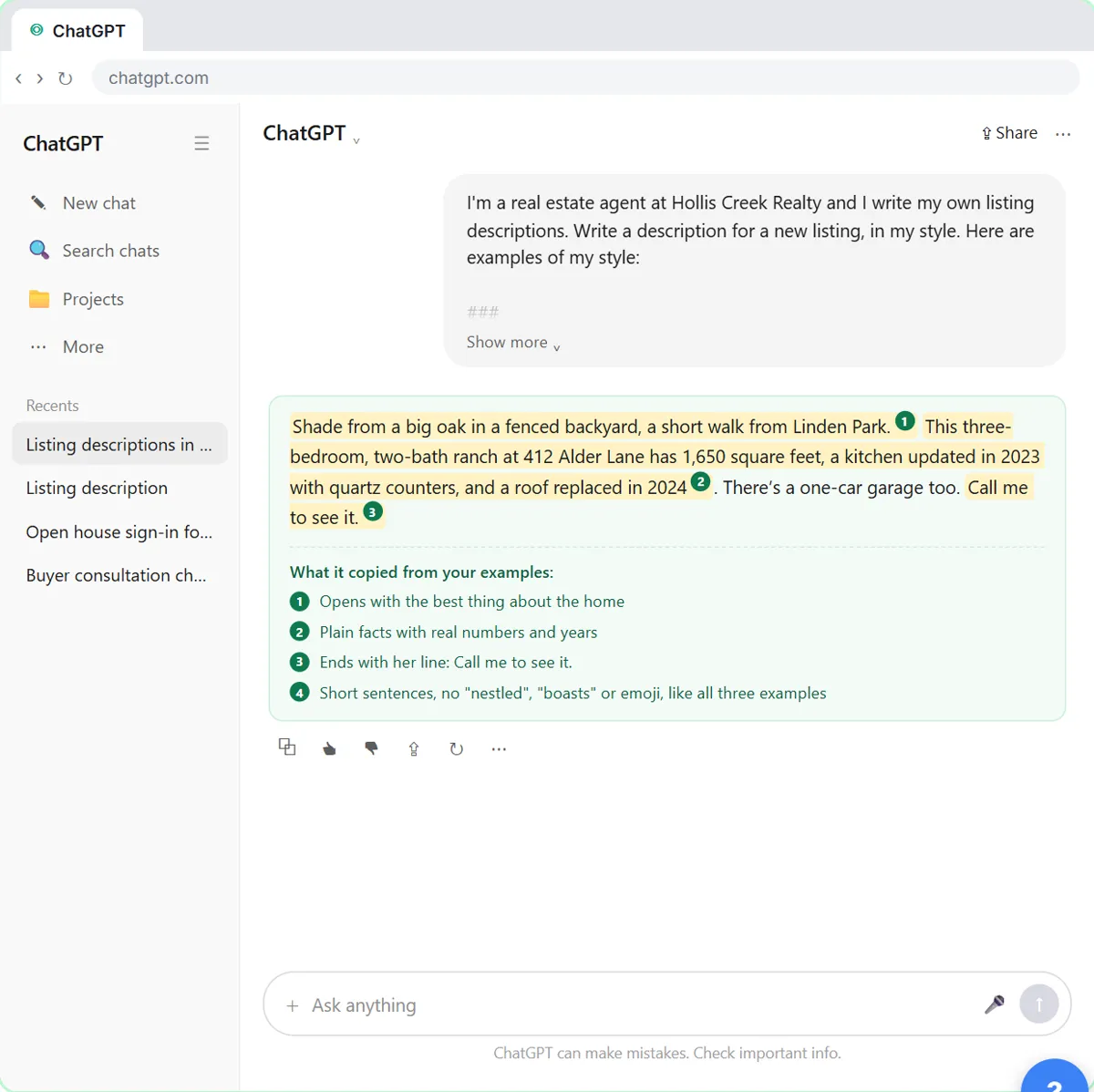 The new listing description in the agent's style, with what it copied from the examples highlighted