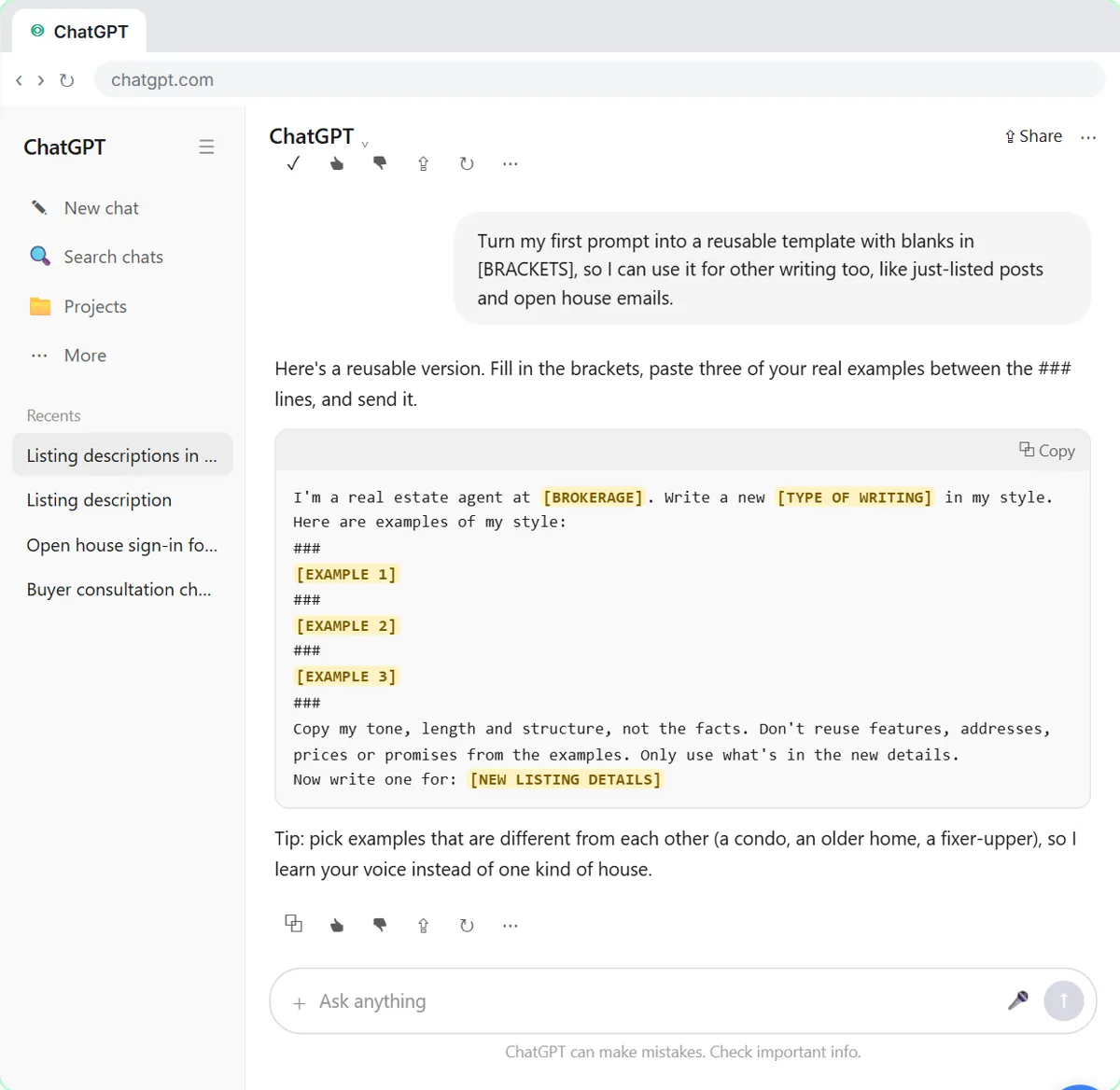 ChatGPT's reusable few-shot template for listings with blanks in brackets