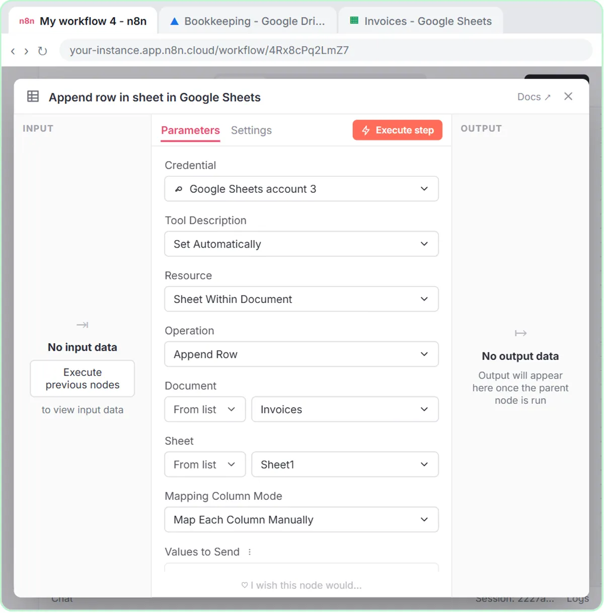 n8n Google Sheets tool set to append rows to the Invoices sheet, mapping each column manually