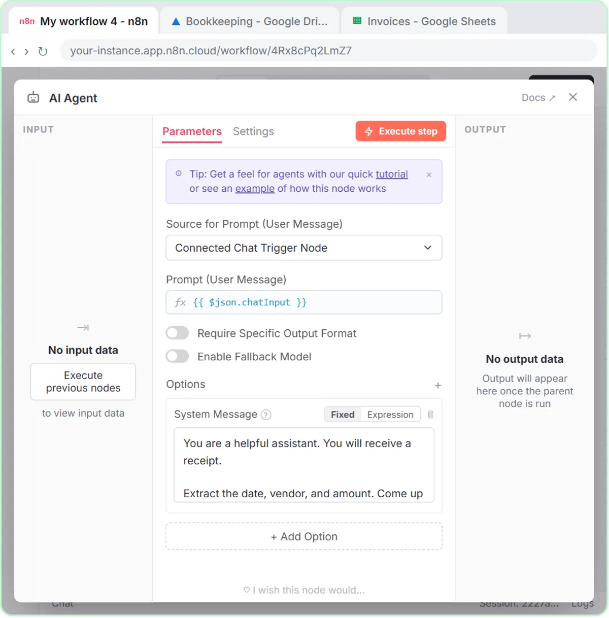 n8n AI Agent system message telling it to extract date, vendor and amount from a receipt