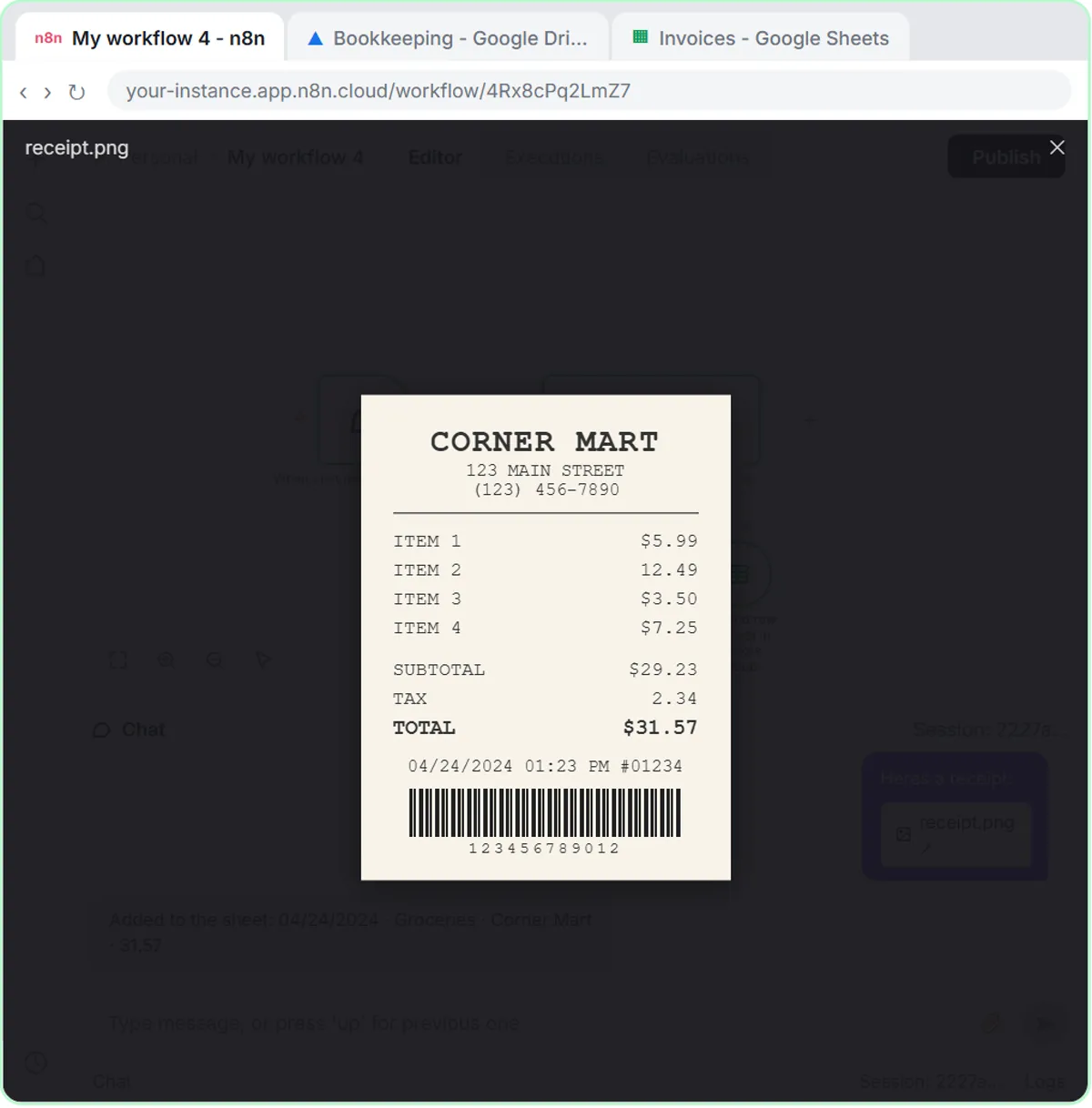 Corner Mart receipt image sent in the n8n chat, with the agent confirming the row it added