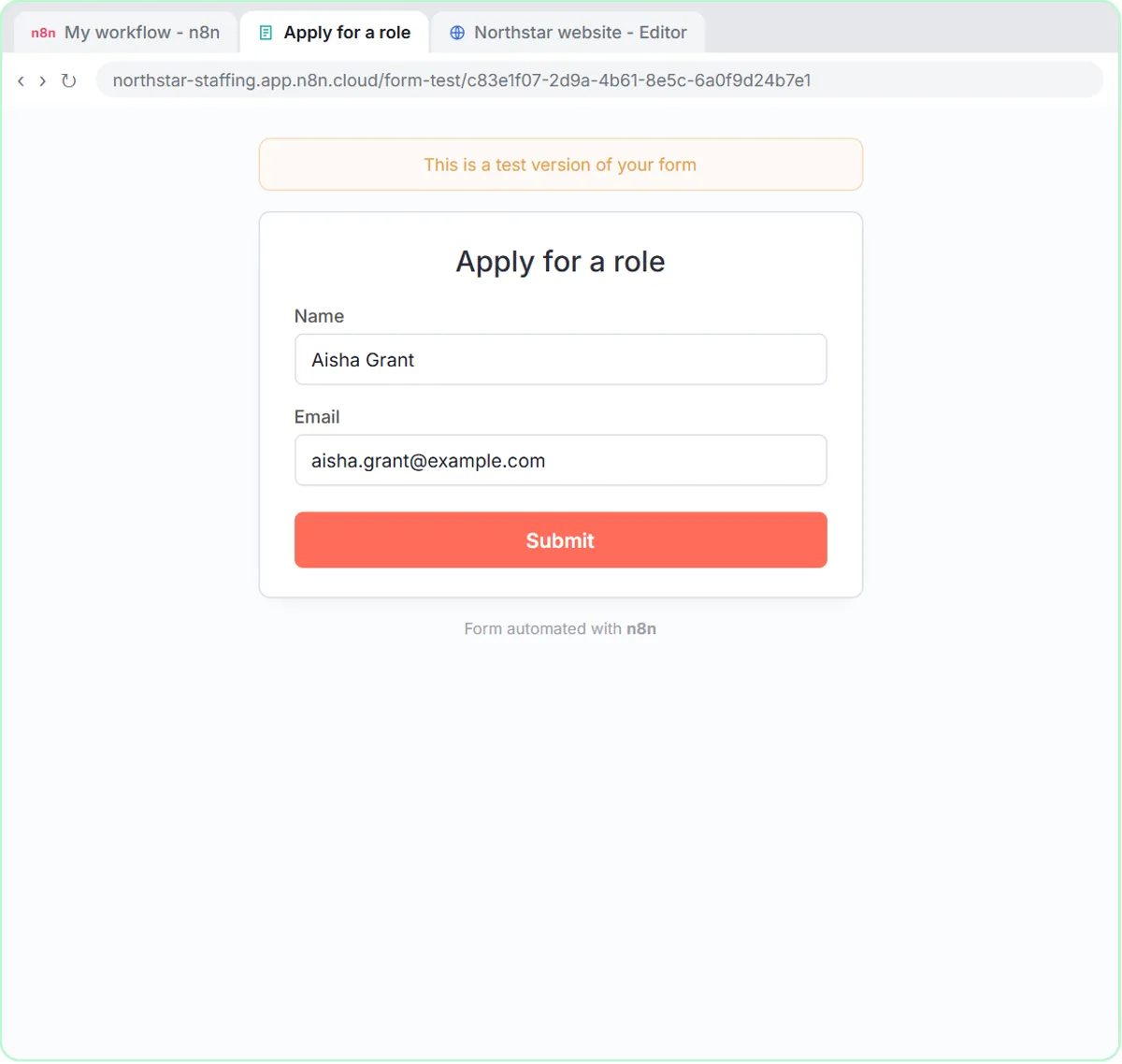 The n8n test form Apply for a role, filled in with a practice applicant's name and email