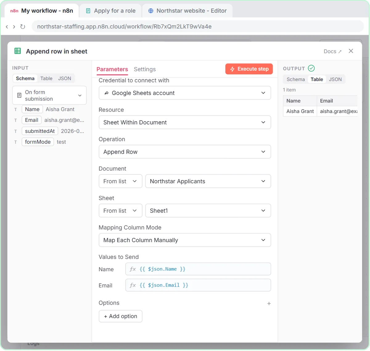 n8n Append row in sheet node with the applicant's name and email mapped and sent to the Northstar Applicants sheet