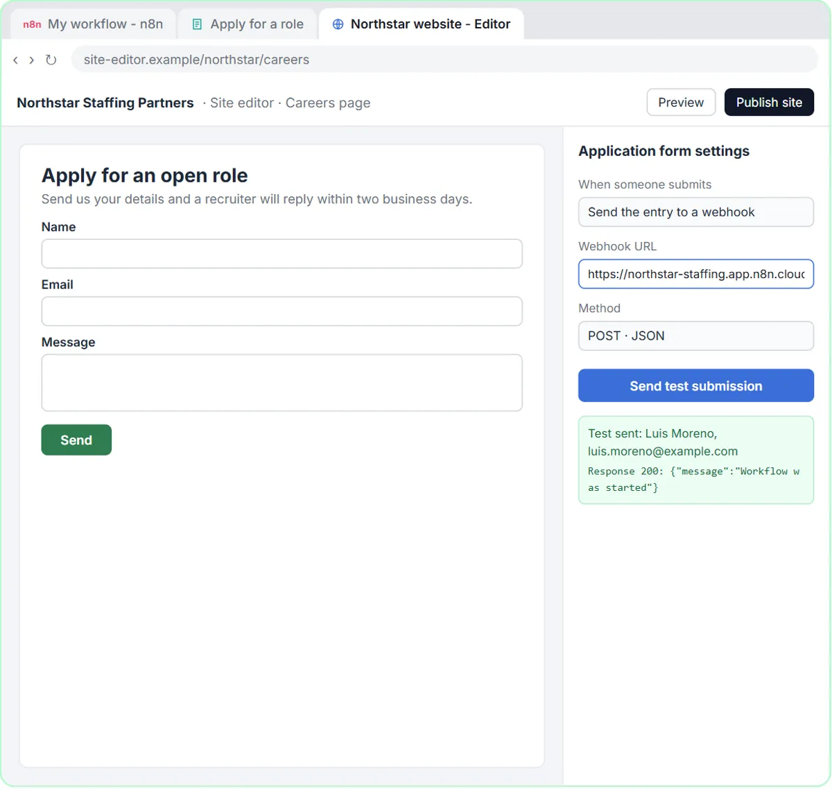A website editor's careers page with the application form sending a test submission to the n8n webhook Test URL