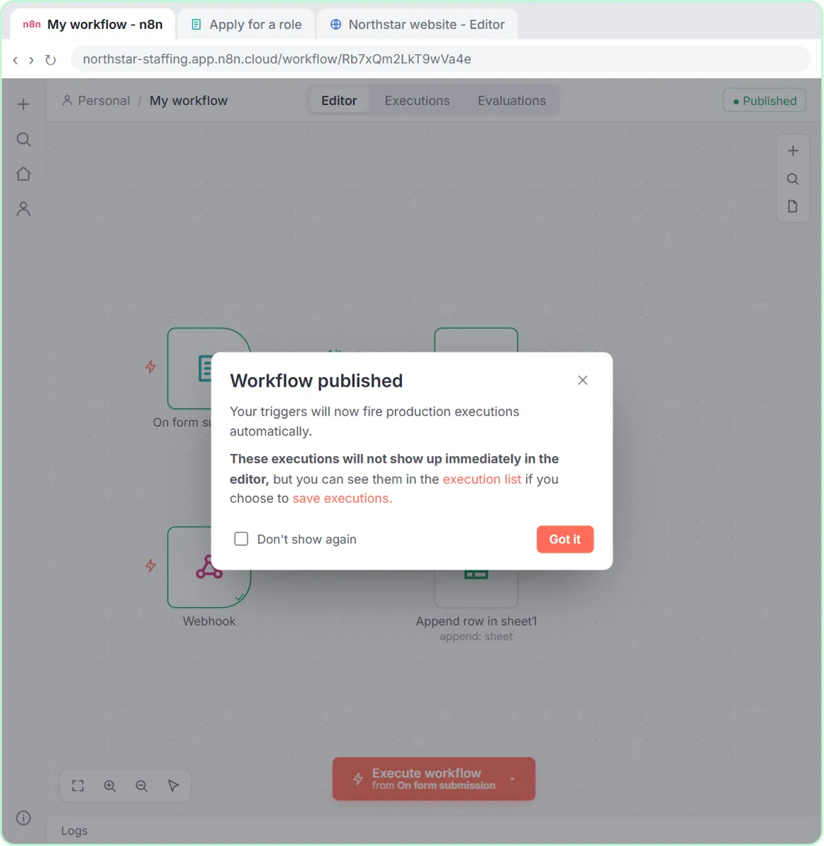 n8n's Workflow published message over the workflow, with its form trigger and webhook trigger each saving applicants to Google Sheets
