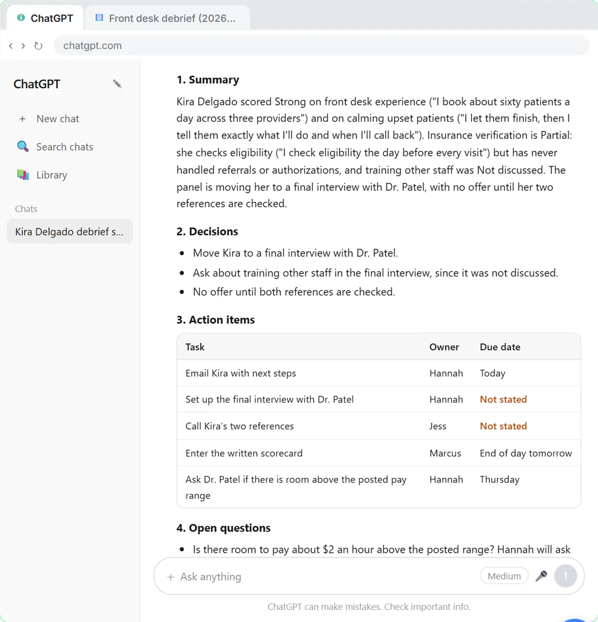 ChatGPT answer scoring the candidate Strong, Partial or Not discussed on each must-have with quotes, plus decisions and an action items table