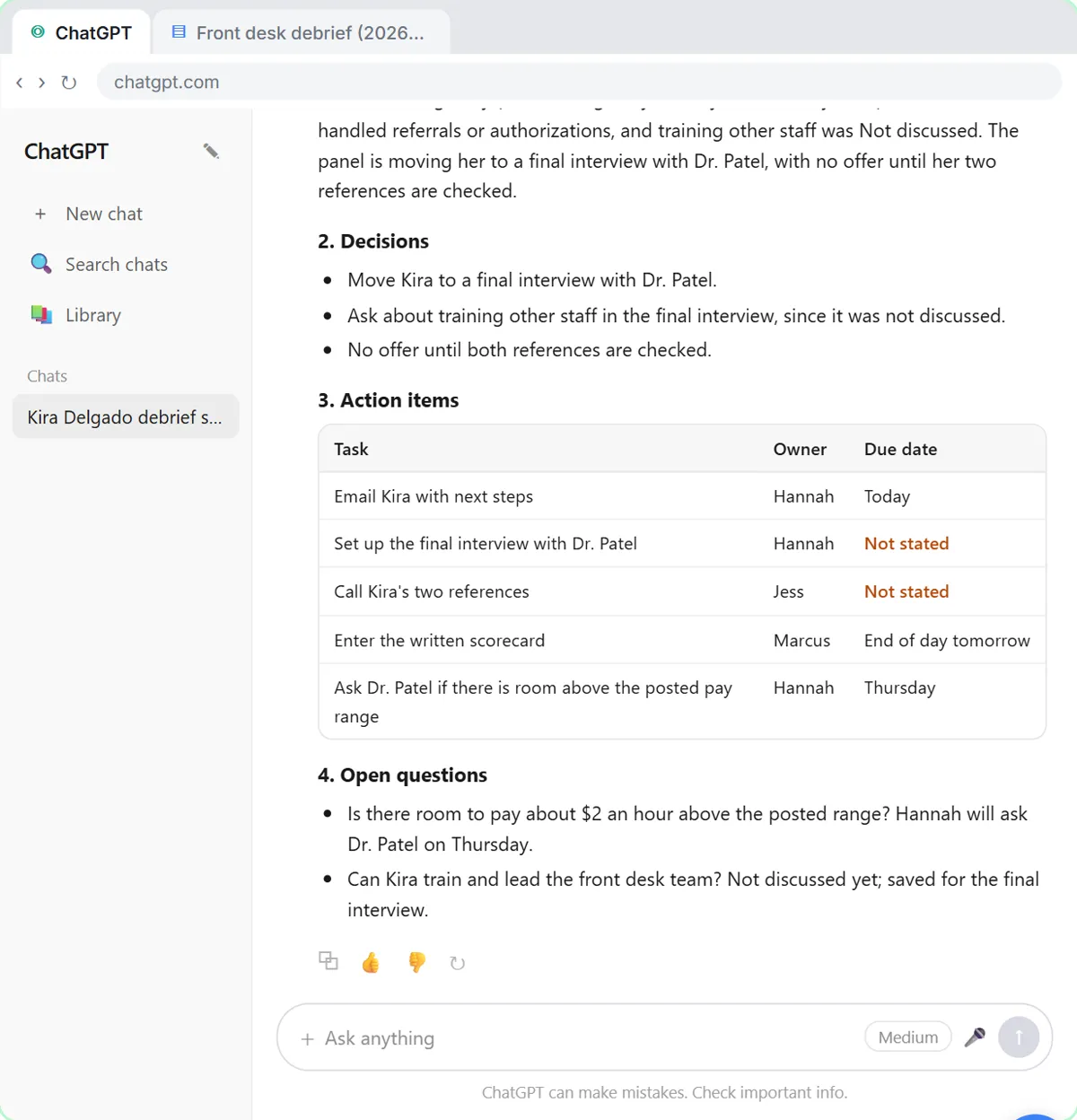 ChatGPT action items table from the interview debrief where two due dates say Not stated, with the open questions below