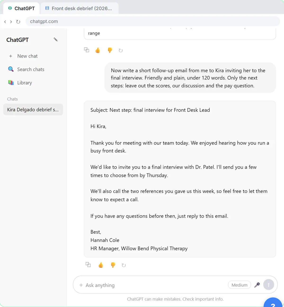 ChatGPT follow-up email to the candidate inviting her to a final interview, with only the next steps