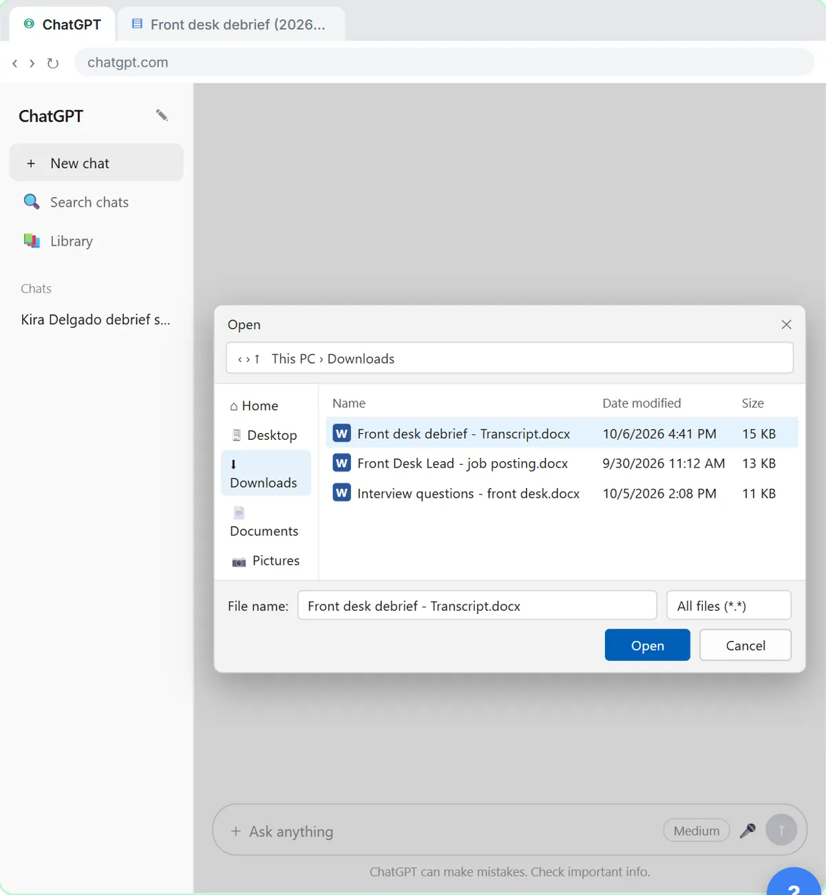 Windows Open dialog over ChatGPT with the interview debrief transcript Word file selected for upload