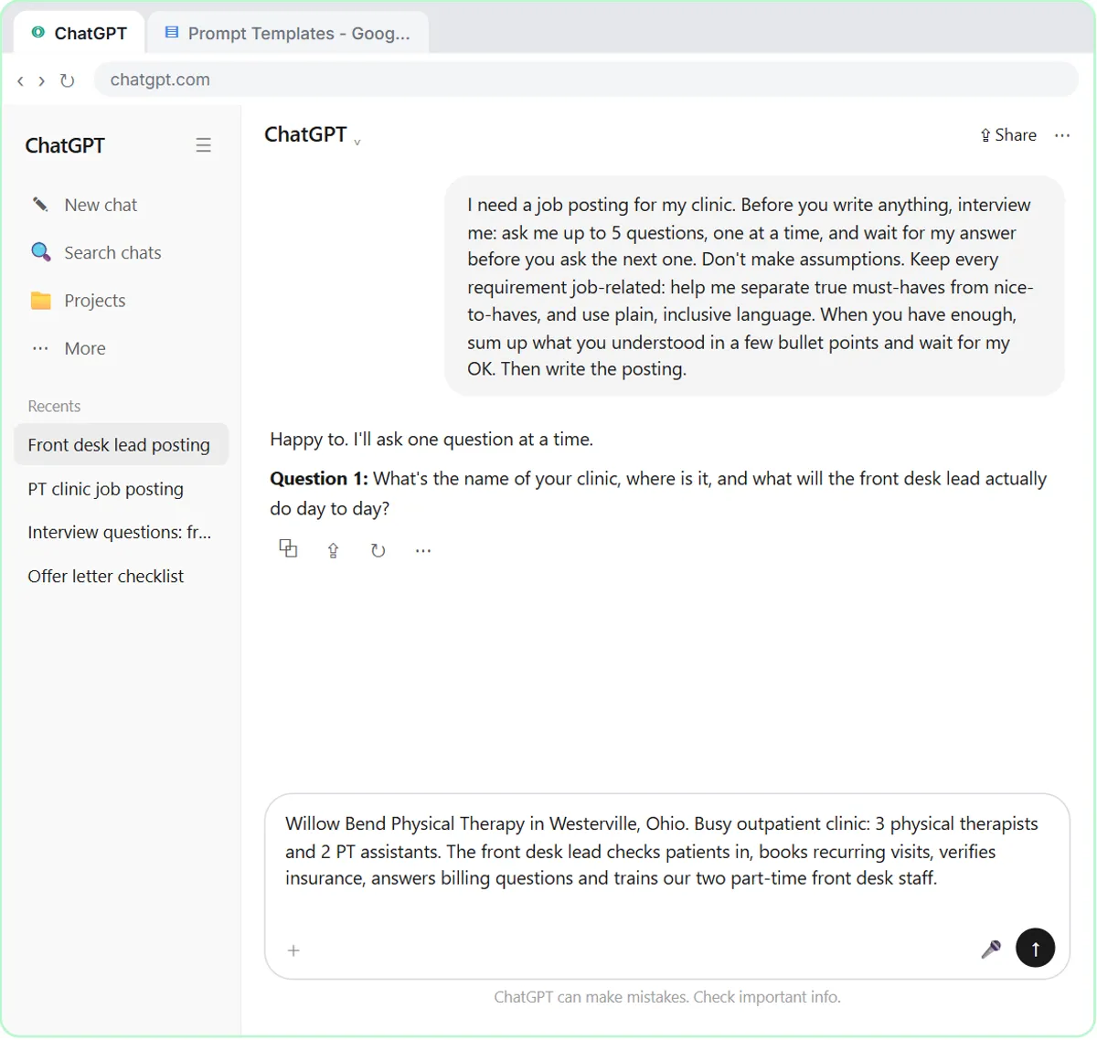 ChatGPT replying to the interview prompt with its first question about the clinic and the job