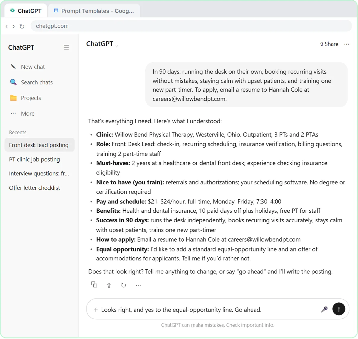 ChatGPT's bullet summary of the must-haves, nice-to-haves, pay range and schedule, waiting for the user's OK
