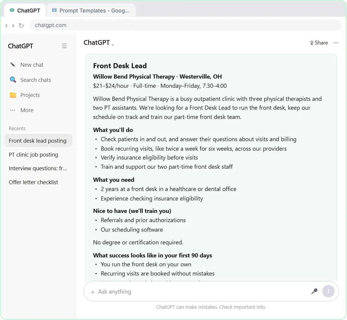 The finished Front Desk Lead posting with a pay range, two must-haves, what the clinic will train, and 90-day goals