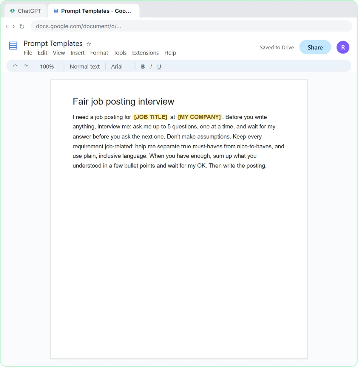 A Google Doc called Prompt Templates with the fair job posting interview prompt and two blanks