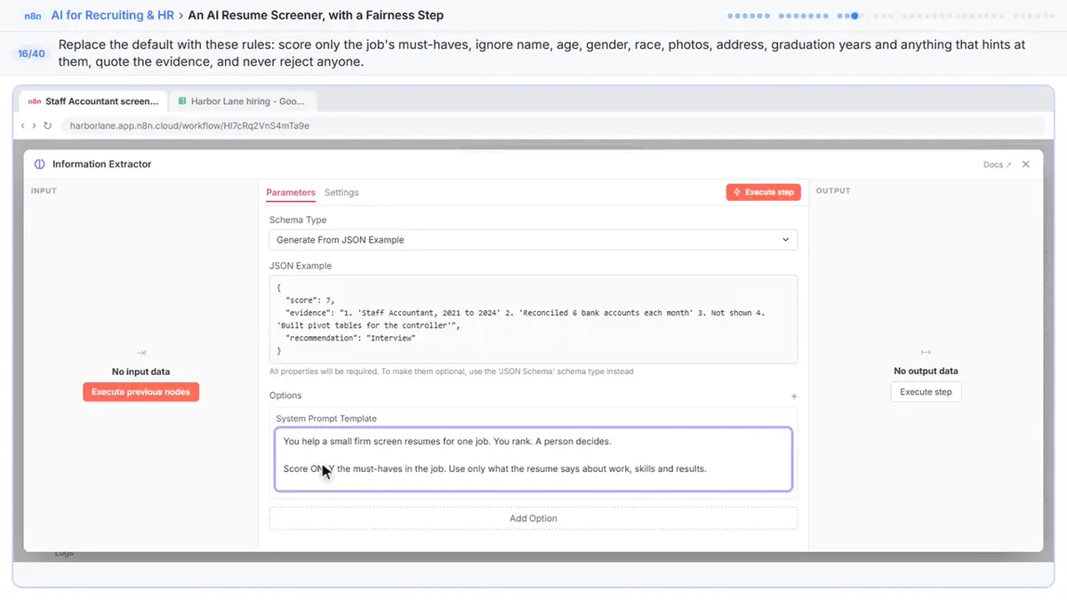 n8n Information Extractor with Schema Type Generate From JSON Example, a JSON example with score, evidence and recommendation, and the fairness rules pasted into System Prompt Template