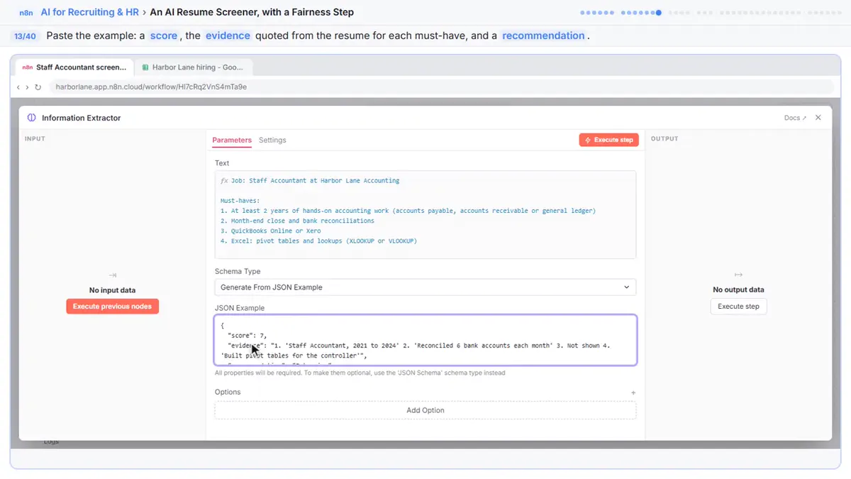 n8n Information Extractor JSON Example field with a score, quoted evidence for each must-have and a recommendation