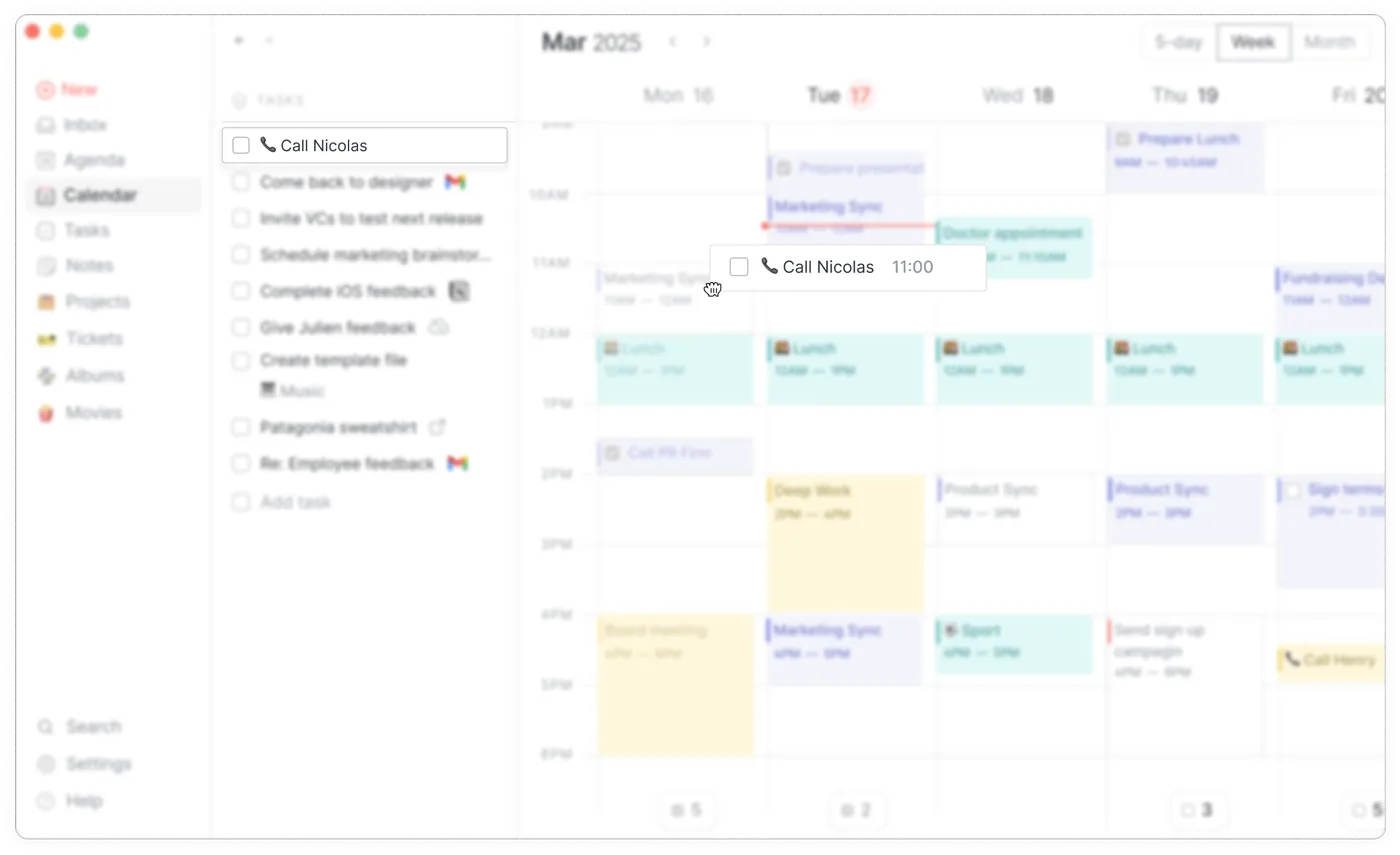 Routine's Calendar in Week view: the sidebar with Inbox, Agenda, Calendar, Tasks, Notes and Projects, a TASKS list, and a task called Call Nicolas being dragged onto 11:00 in the week grid (screenshot from routine.co)