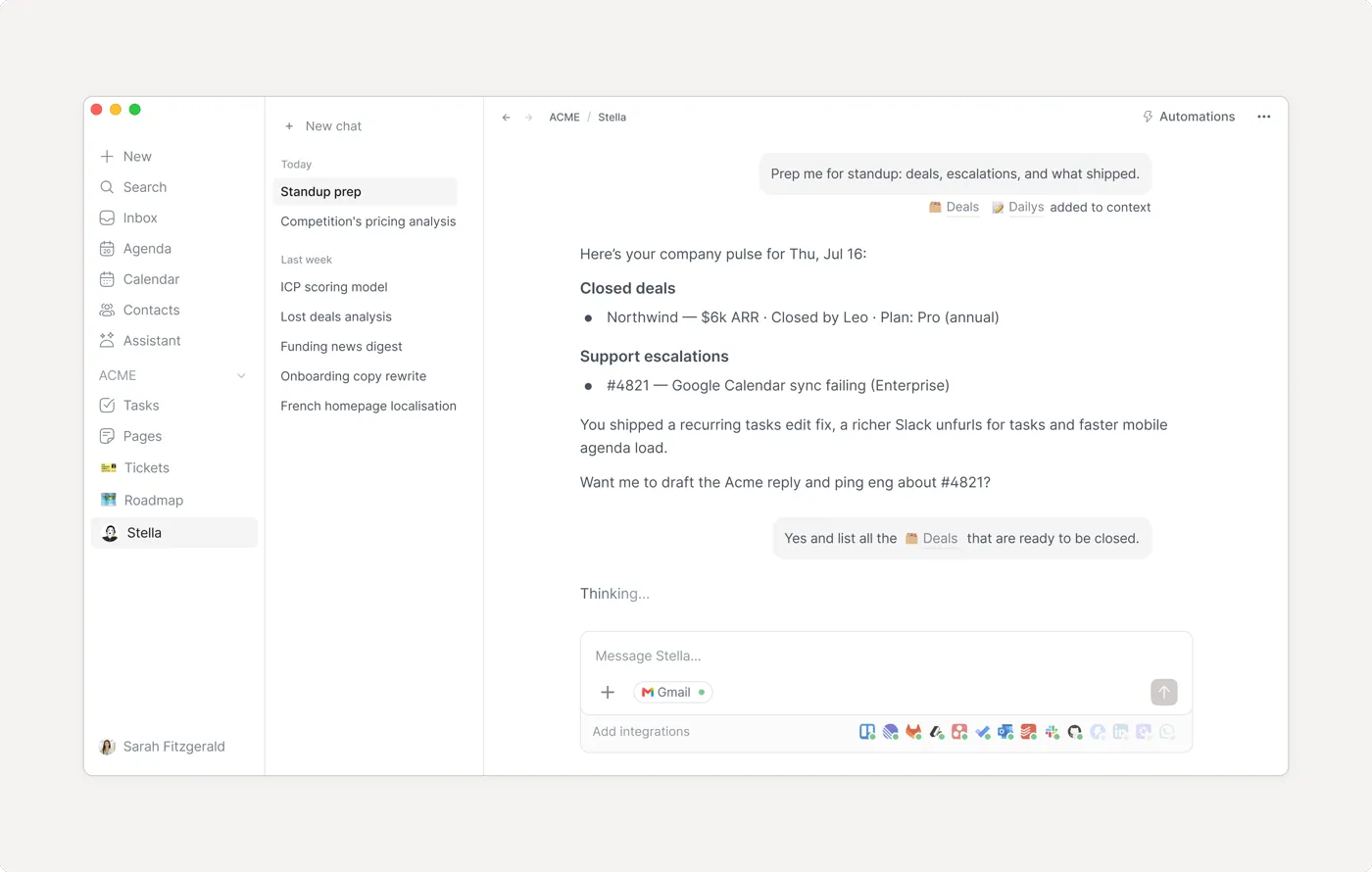 Routine's AI assistant: a chat list with New chat on the left and a standup prep answer listing closed deals and support escalations, with a message box, Add integrations and an Automations button (screenshot from routine.co)