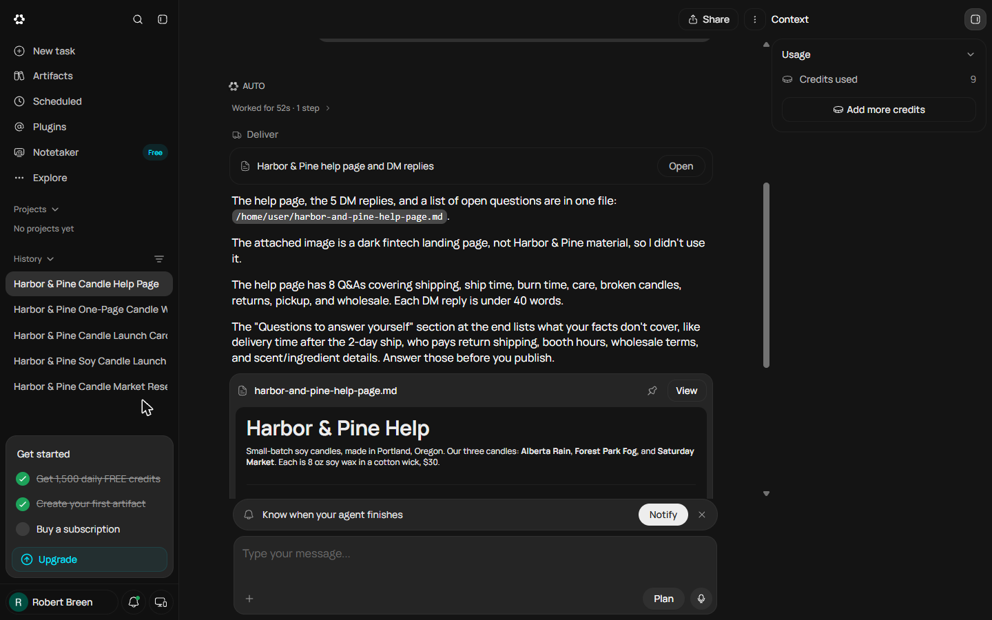 Runable reply after 52 seconds and 9 credits: help page, 5 DM replies and open questions in one file