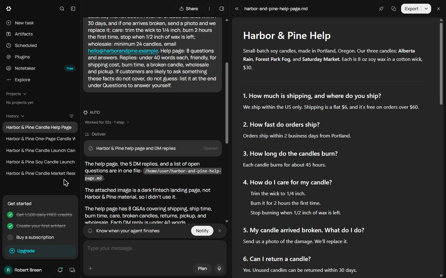 Harbor & Pine help page open in Runable, intro reading 8 oz soy wax in a cotton wick