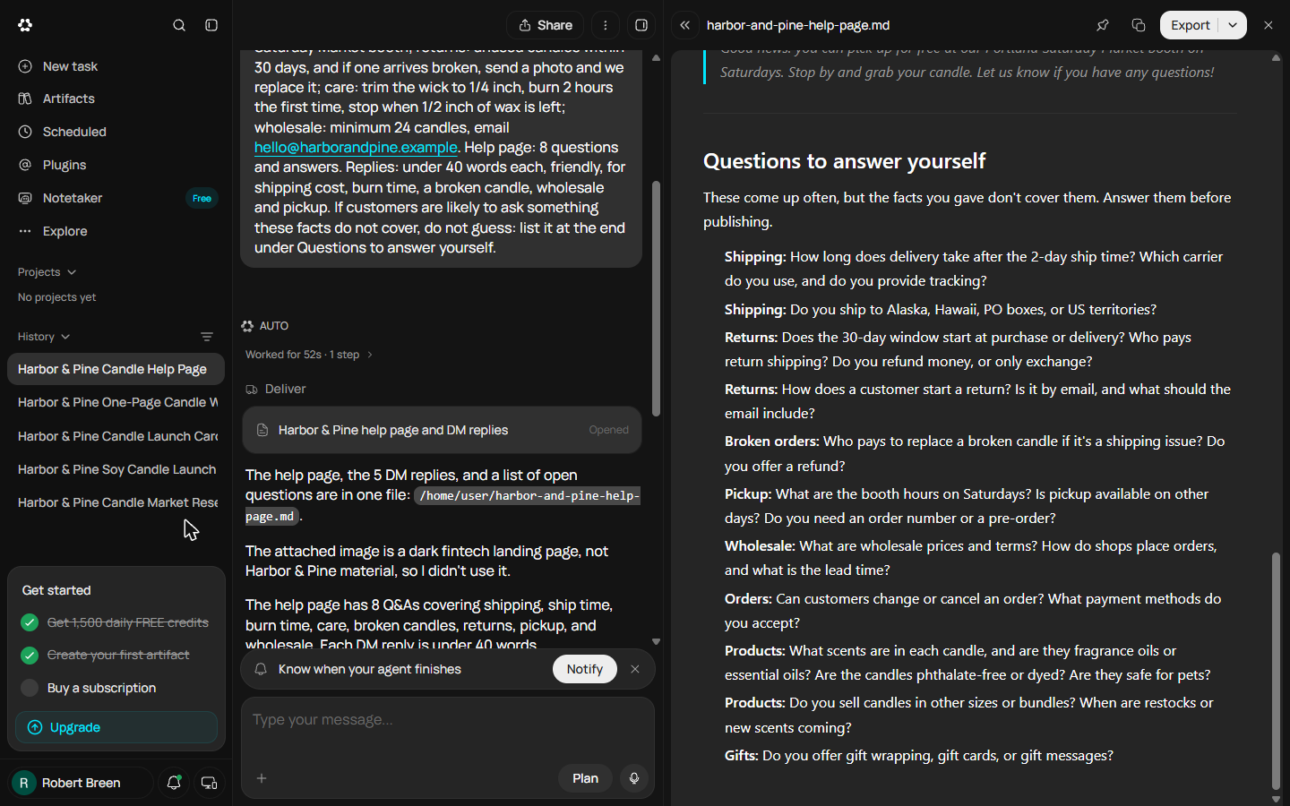 Questions to answer yourself section listing what the facts do not cover, such as booth hours and return shipping