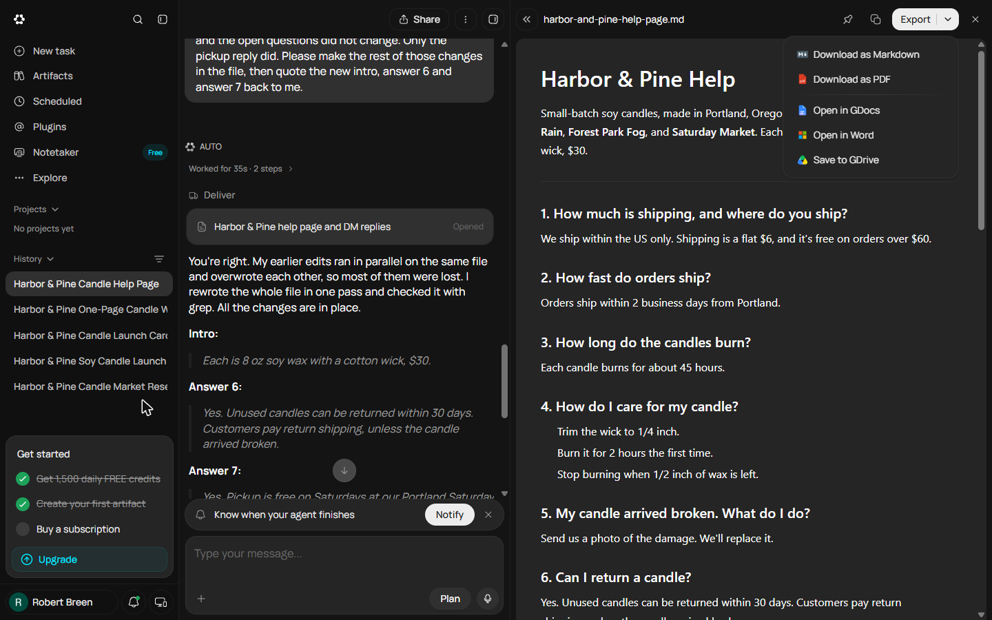 Runable Export menu: Download as Markdown, Download as PDF, Open in GDocs, Open in Word, Save to GDrive