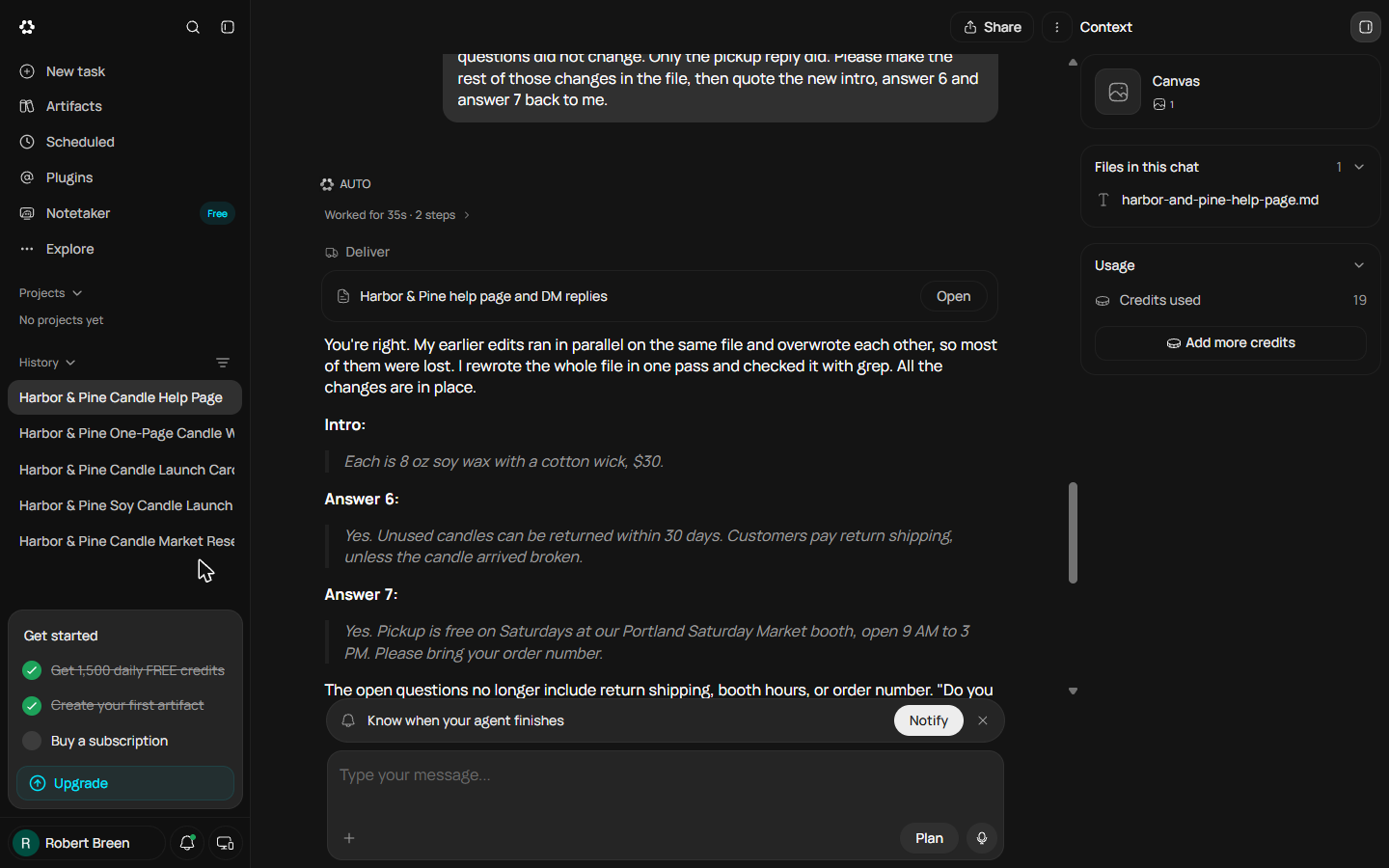 Runable chat with the right panel showing 19 credits used for the help page and both fixes