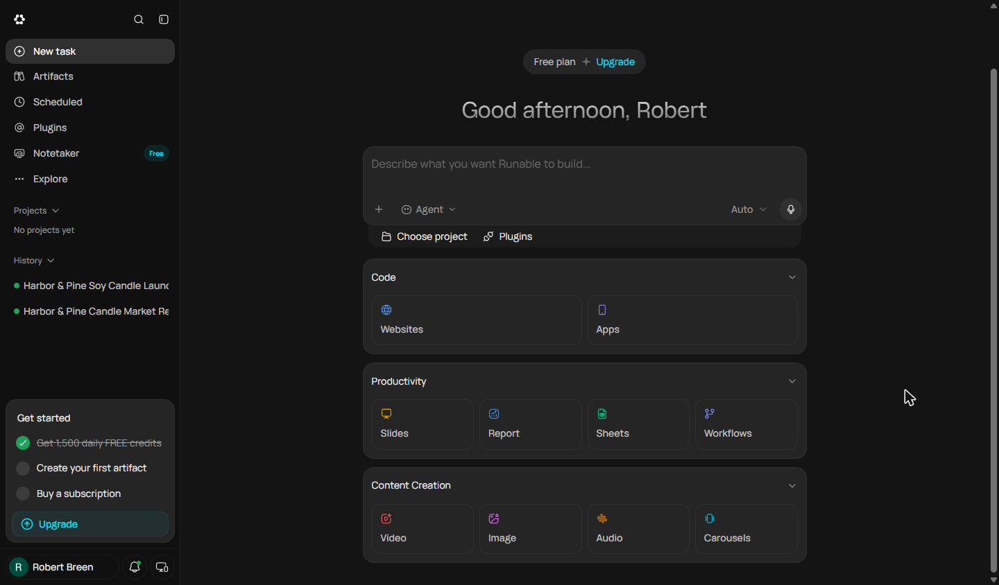 Runable home screen with Carousels under Content Creation