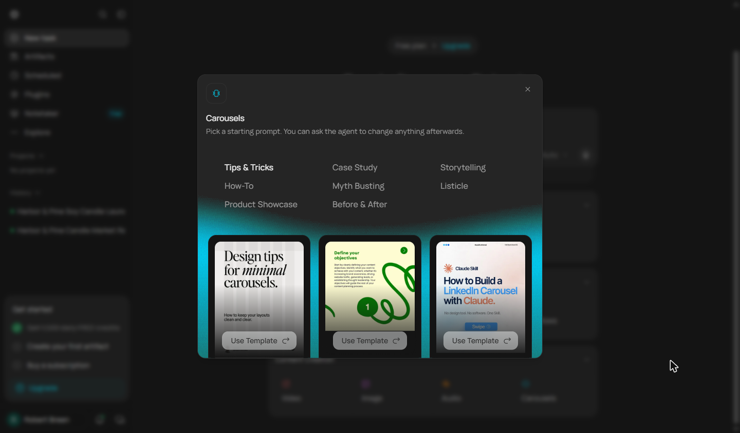 Runable Carousels dialog with styles such as Tips & Tricks, How-To and Product Showcase