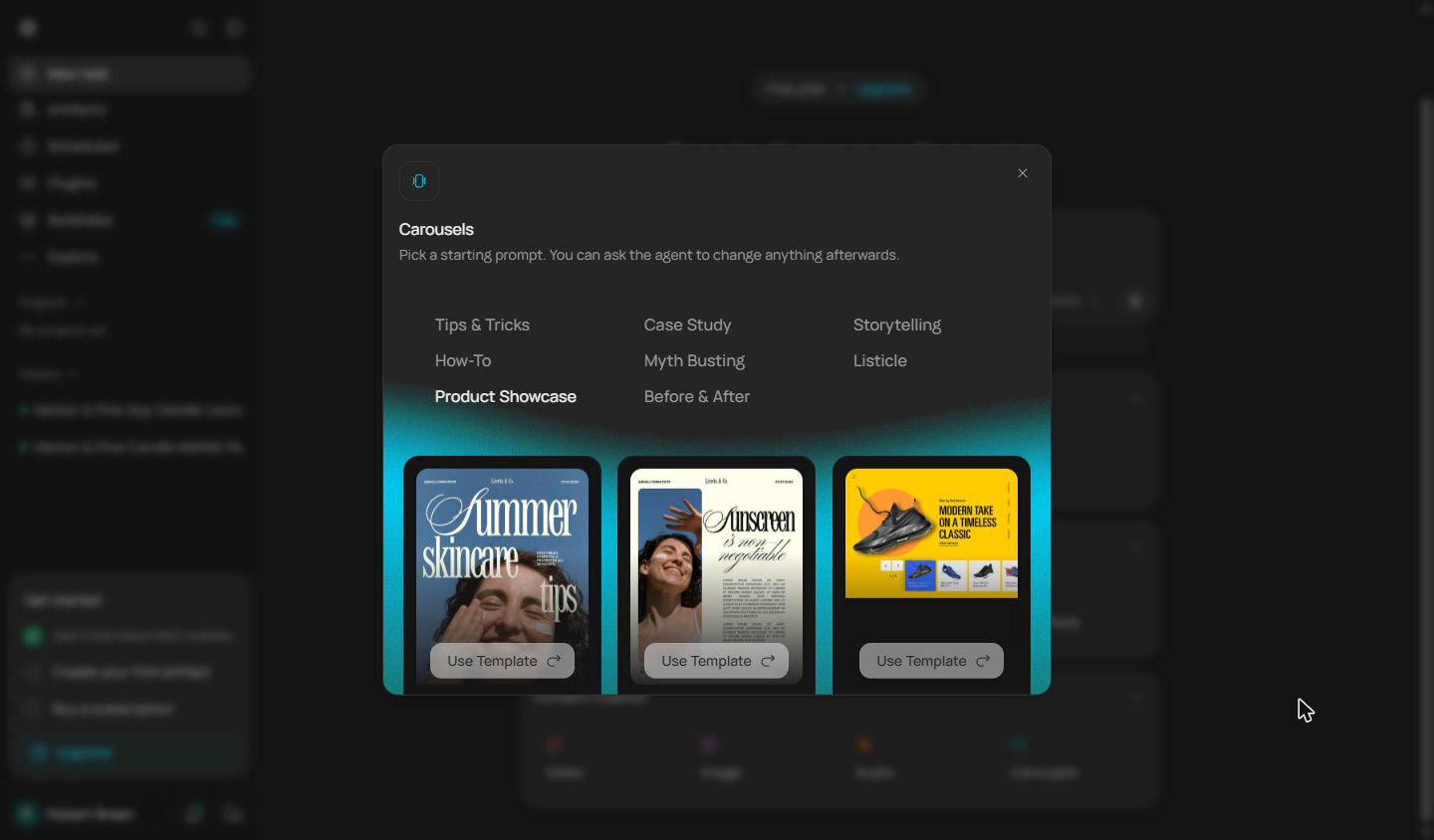 Runable Product Showcase carousel templates with Use Template buttons