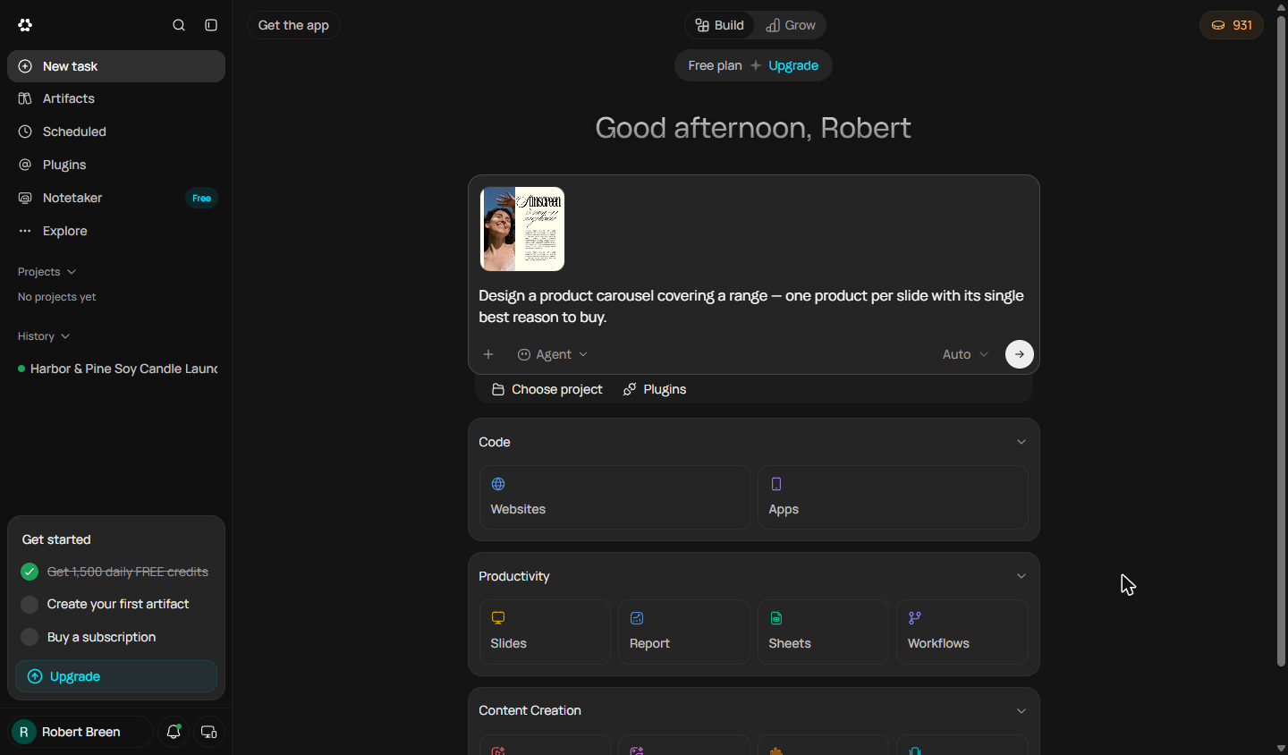 Product Showcase template attached in the Runable prompt box with its sample prompt