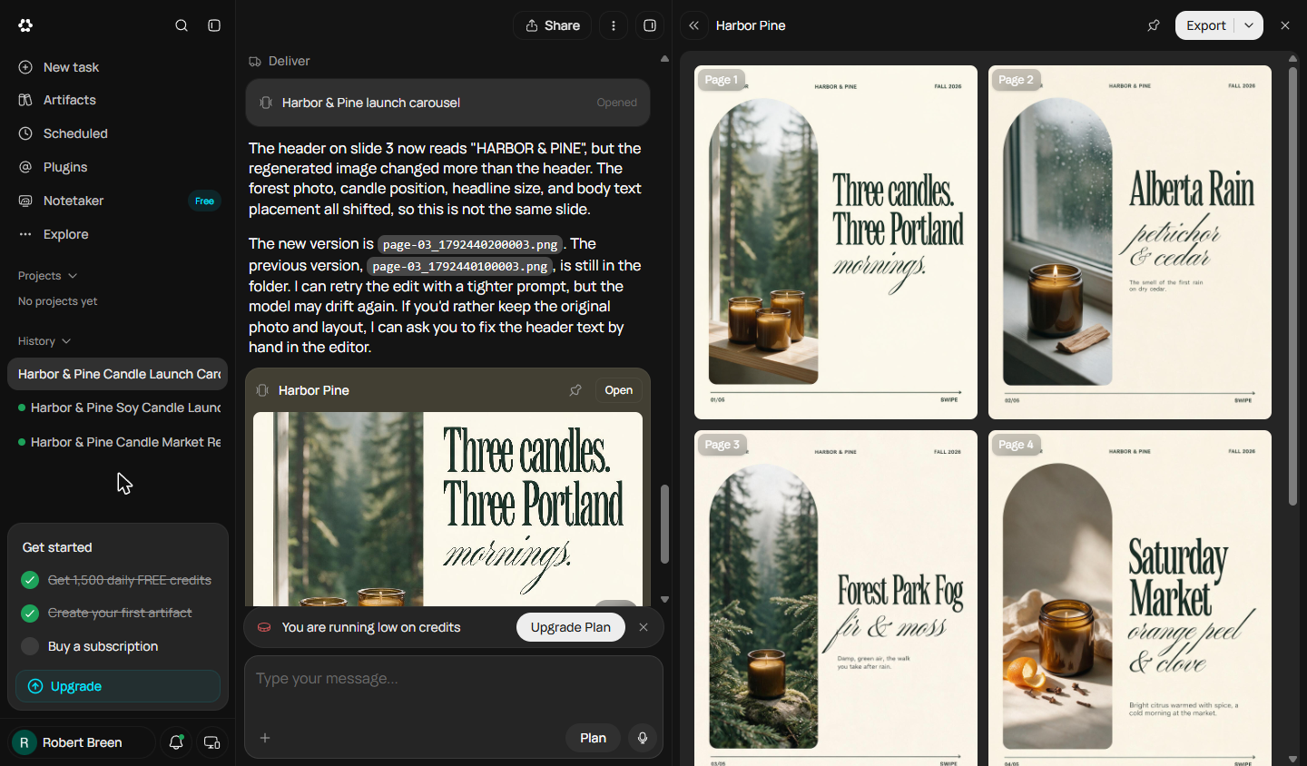 Runable explaining the header was fixed but the regenerated slide changed its photo and layout too