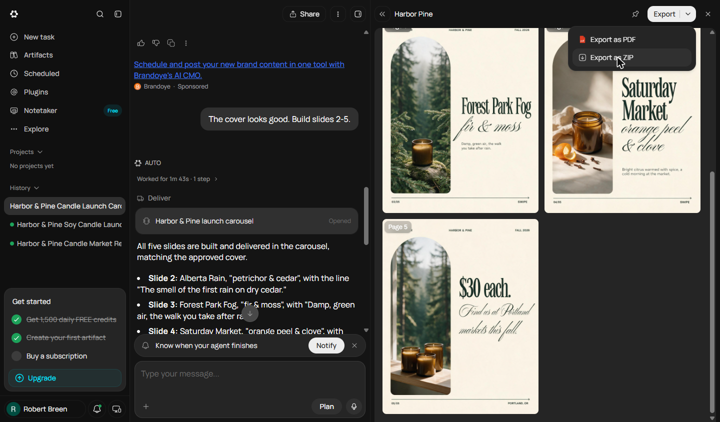 Runable carousel Export menu with Export as PDF and Export as ZIP