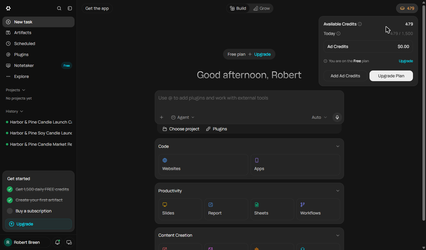 Runable credits popover showing 479 of 1,500 daily credits left after the carousel