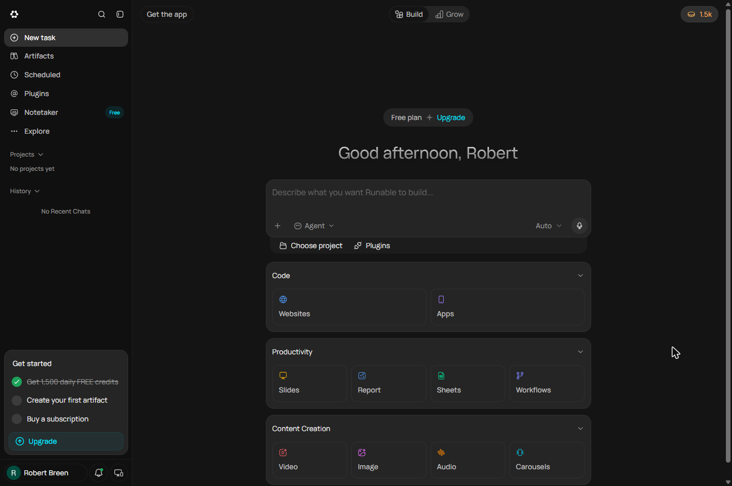 Runable home screen on the Free plan, with the credits pill at the top right and the Describe what you want Runable to build box
