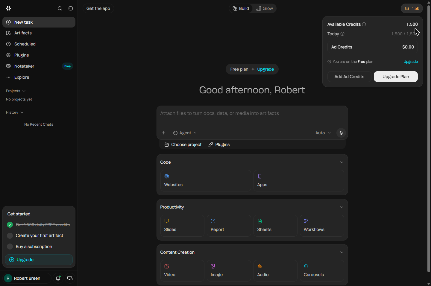 Runable credits popover showing 1,500 available credits and Today 1,500 of 1,500 on the Free plan