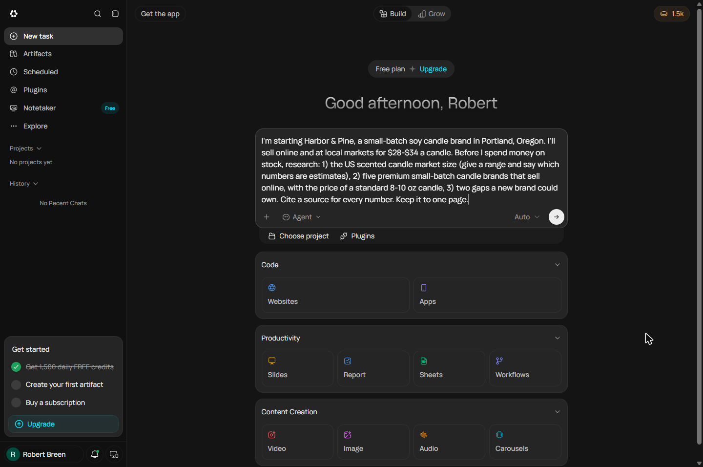 The Harbor & Pine market research brief typed into the Runable prompt box, with Agent mode on