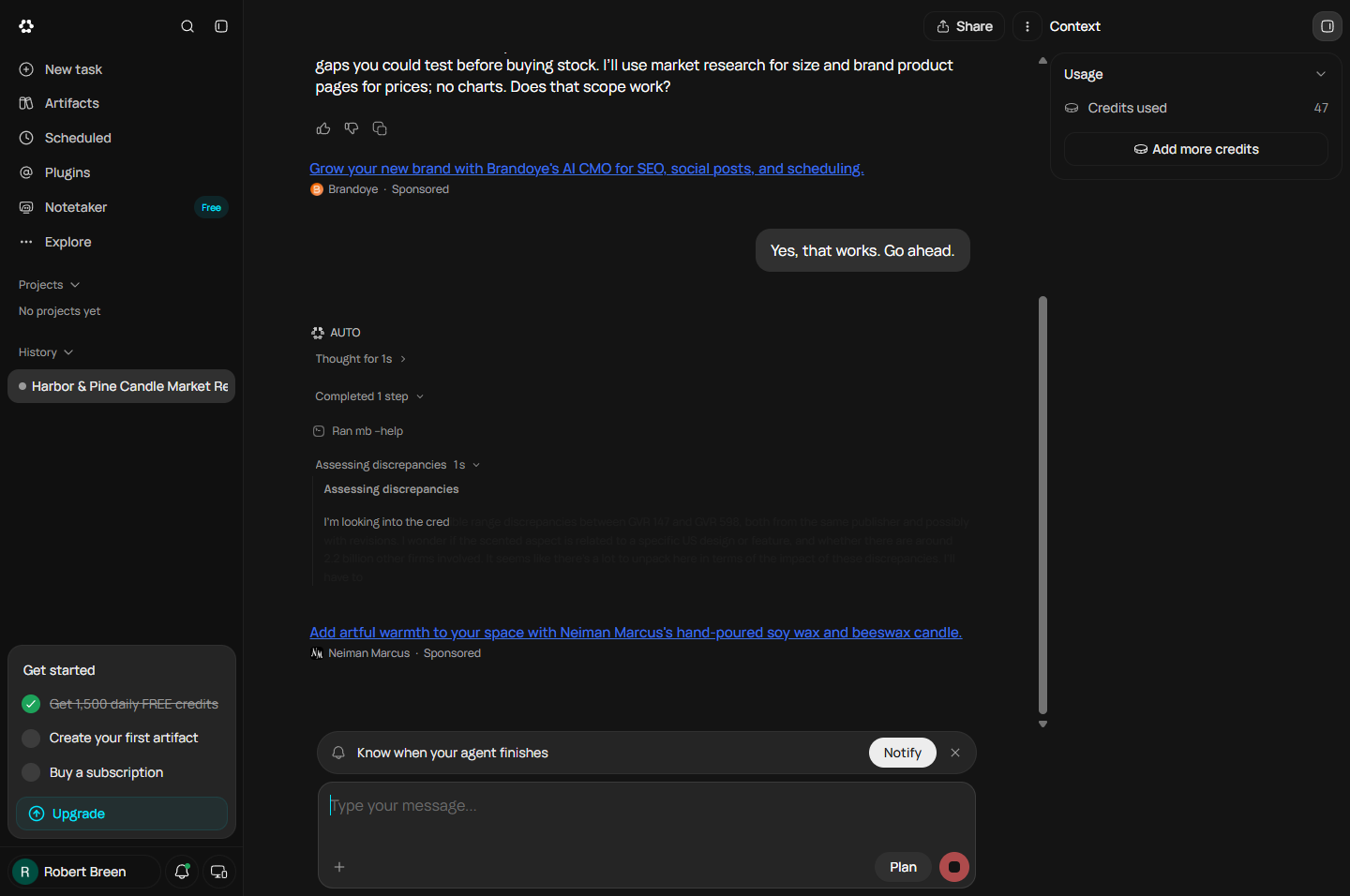 Runable working on the research, showing steps such as Assessing discrepancies between two market reports