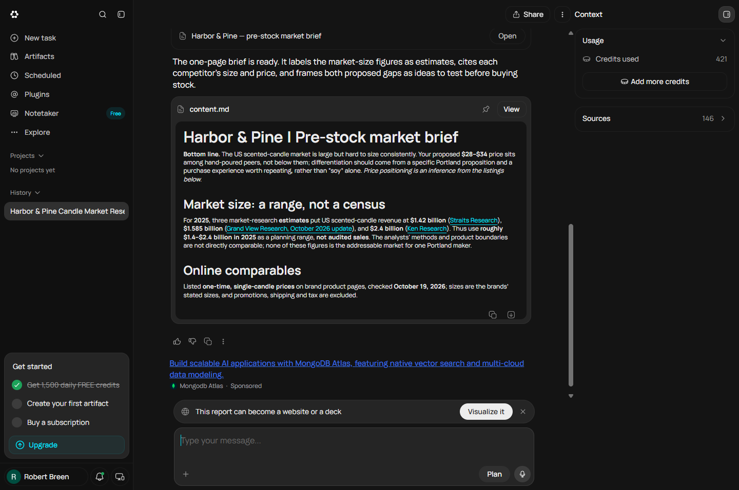 Runable chat with the finished Harbor & Pine pre-stock market brief and an Open button