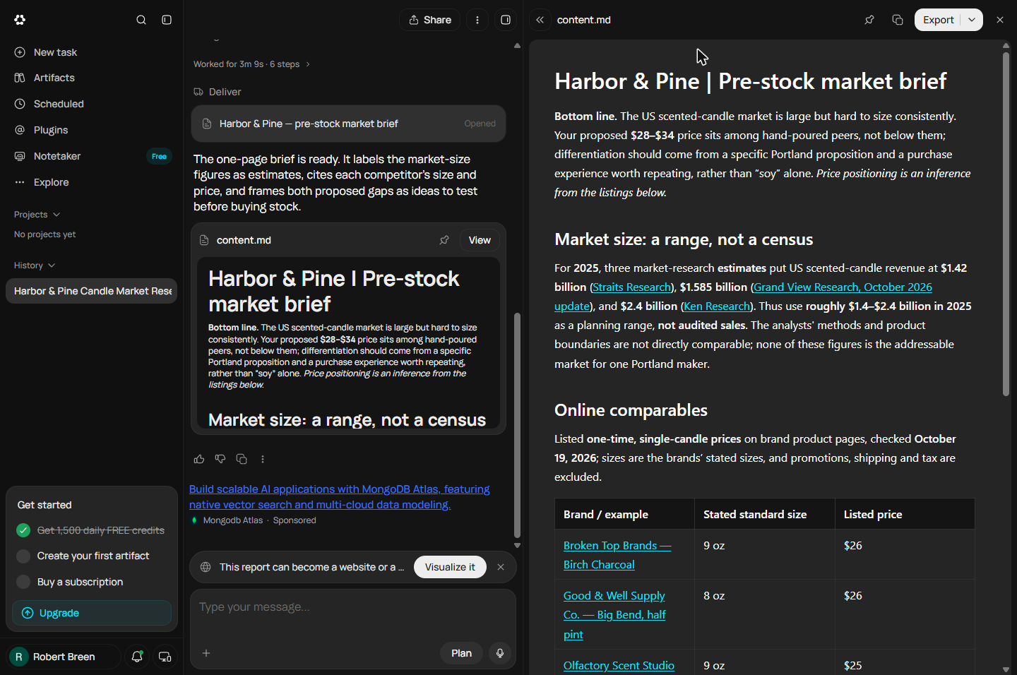 The market brief open beside the chat: a $1.4 to $2.4 billion range from three analyst estimates, each linked to its source