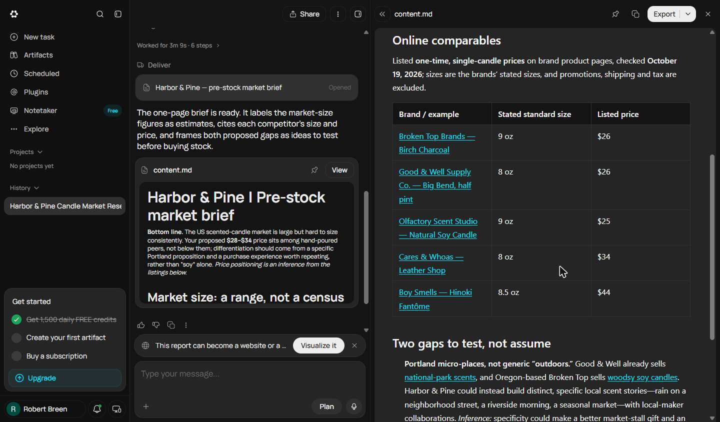 Runable research brief open beside the chat, showing five online candle brands with sizes and listed prices from $25 to $44