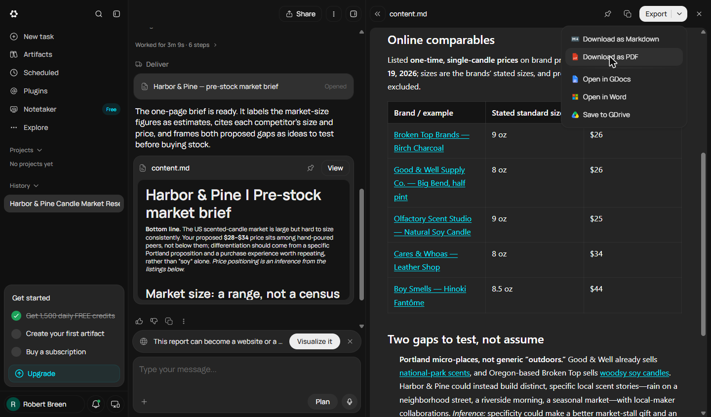 Runable Export menu with Download as Markdown, Download as PDF, Open in GDocs, Open in Word and Save to GDrive