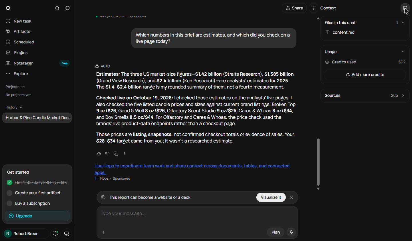Runable chat Context panel showing Credits used 562 and 205 sources