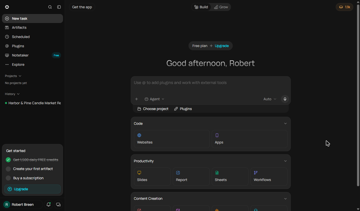 Runable home screen with the Report option under Productivity